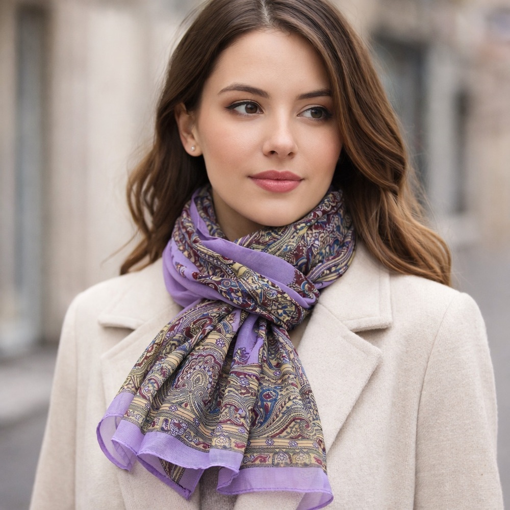 Vintage Paisley Scarf Lavender Purple Sheer Lightweight Rectangular 20” x 60”